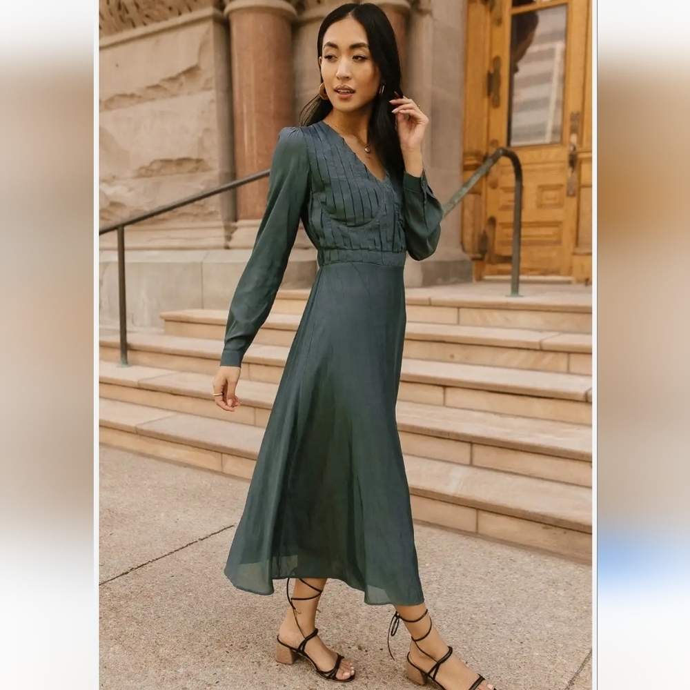 bohme Long Sleeve Midi Dress in Deep Teal Green